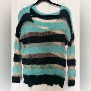 Striped Fuzzy Sweater - Black, Cream, and Teal
